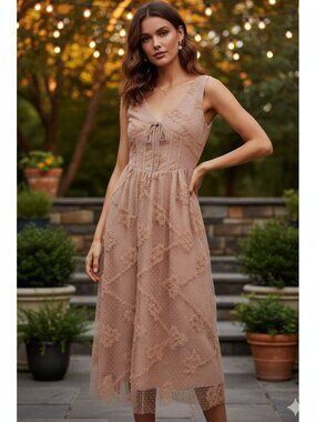 NEW AROSE STUDIO Liana Low V Corset Detailed Textured Elastic Midi Dress